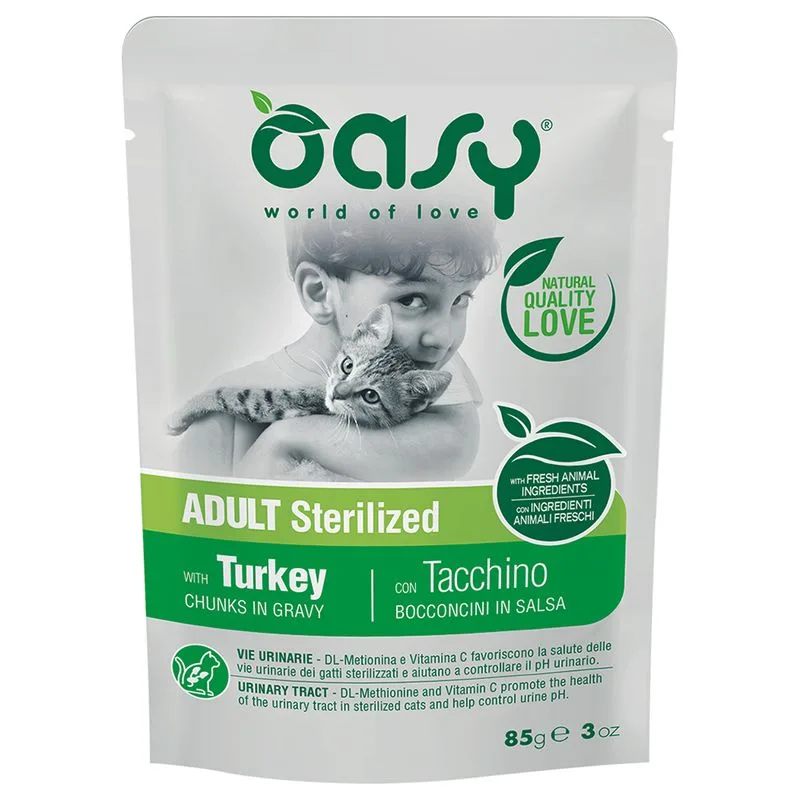 Oasy Adult Sterilised Bocconcini in Salsa Buste 12 x 85 g umido gatto (Tacchino)