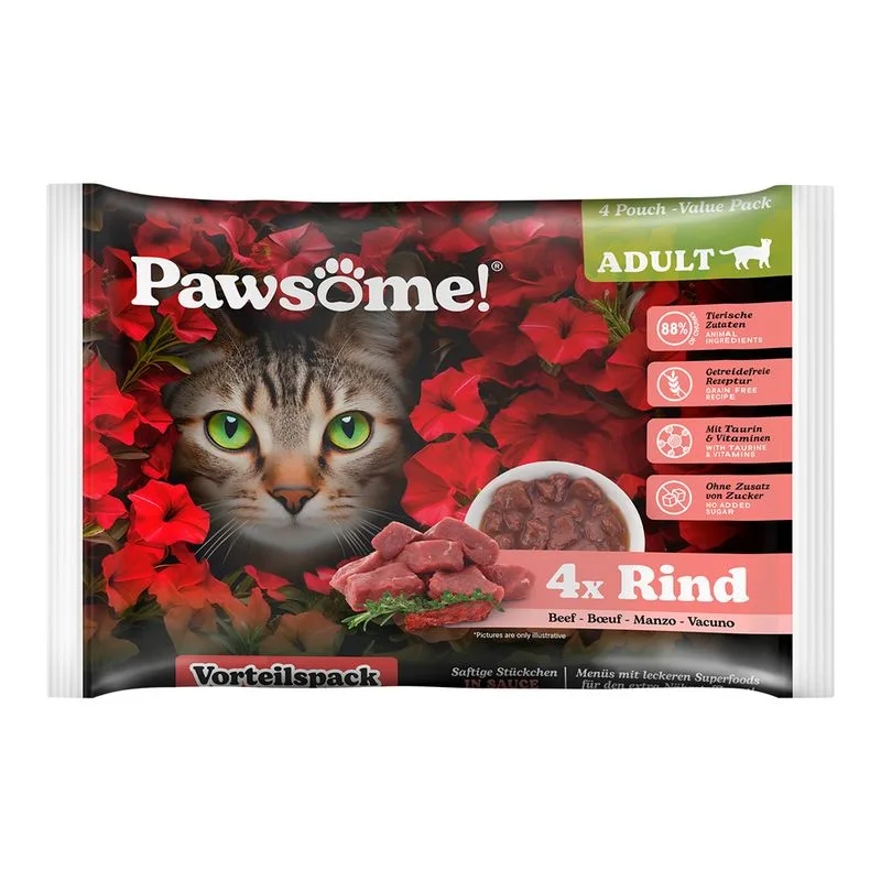 Pawsome Adult 4 x 85 g umido per gatto (Manzo)