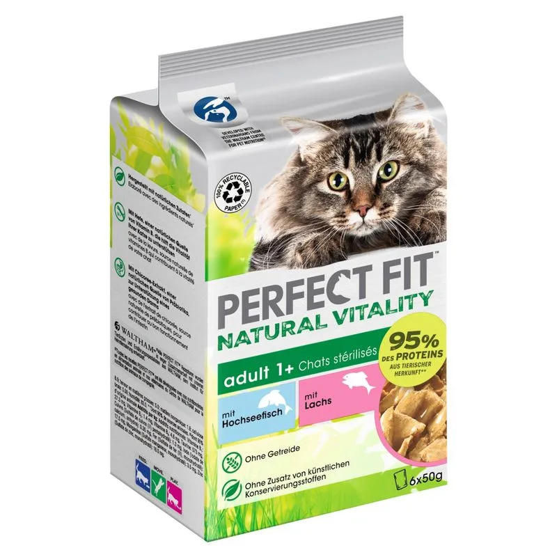 Perfect Fit Natural Vitality Adult 1+ con Pesce (Set %: 36 x 50 g Pesce d'alto mare e Salmone)