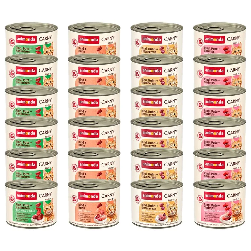 animonda Carny Adult 24 x 200 g (Mix Manzo & Pollame: Manzo/Cuori d'Anatra/Coniglio/Gamberi/Manzo & Pollo)