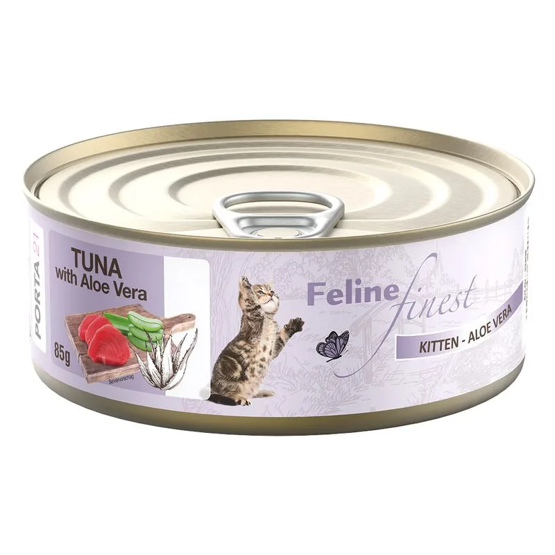 Feline Finest 6 x 85 g Alimento umido per gatti (Kitten Tonno con Aloe)