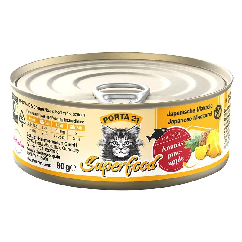 Porta 21 Superfood 24 x 80 g Alimento umido per gatti (Sgombro con Ananas)