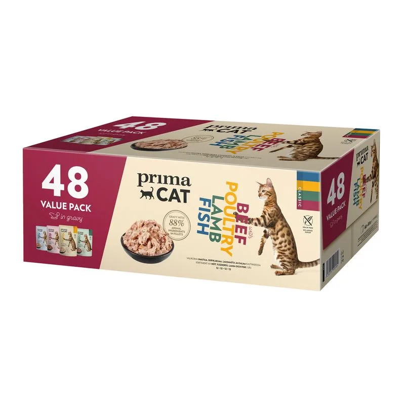 PrimaCat Classic in Salsa 48 x 85 g (Mix Classic: 12x Manzo, 12x Pesce, 12x Agnello, 12x Pollame)