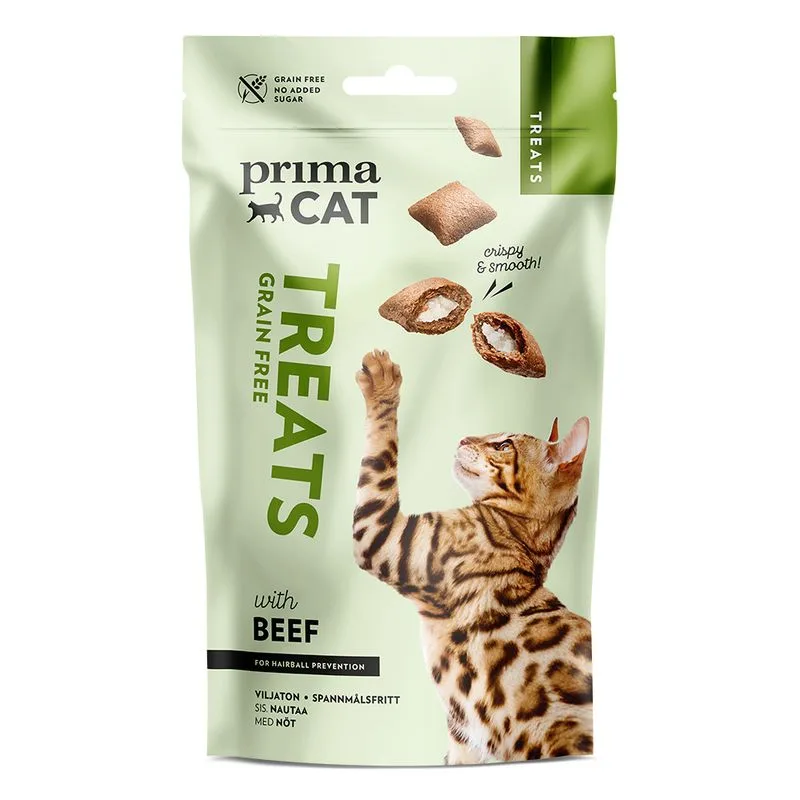 PrimaCat Crunchy Treats Hairball con Manzo Snack gatto