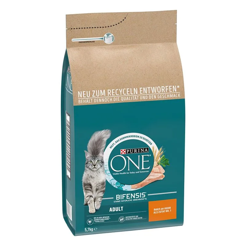 PURINA ONE Adult Pollo & Cereali integrali Crocchette per gatti (Set %: 2 x 5,7 kg)