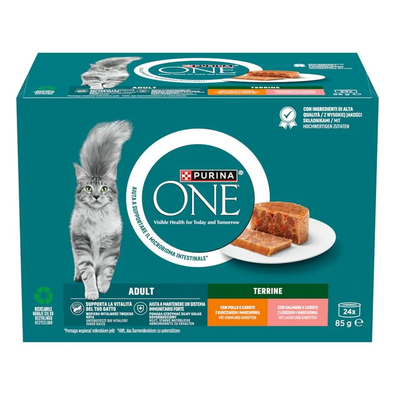 PURINA ONE Adult Terrina (Set %: 48 x 85 g Salmone & Carote, Pollo & Carote)