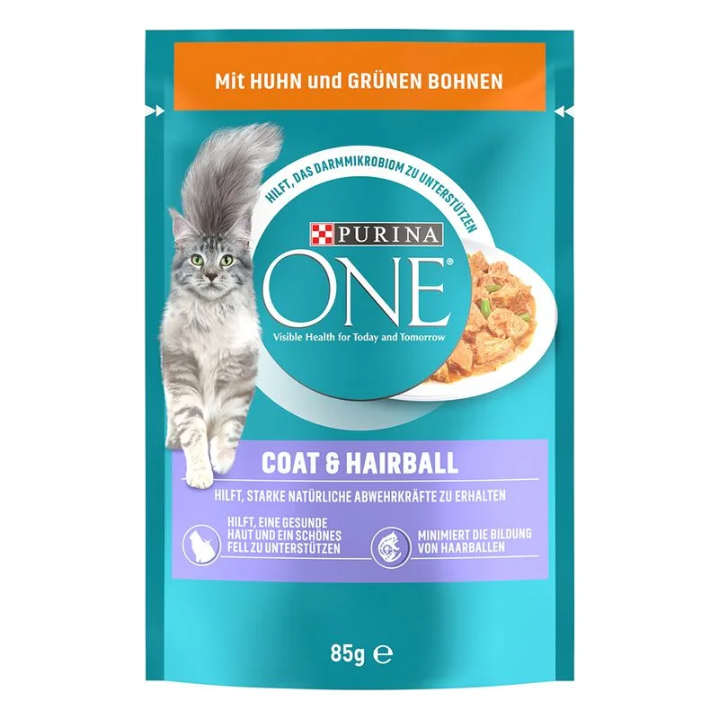PURINA ONE Coat & Hairball Umido per gatto (Set %: 52 x 85 g con Pollo e Fagiolini)