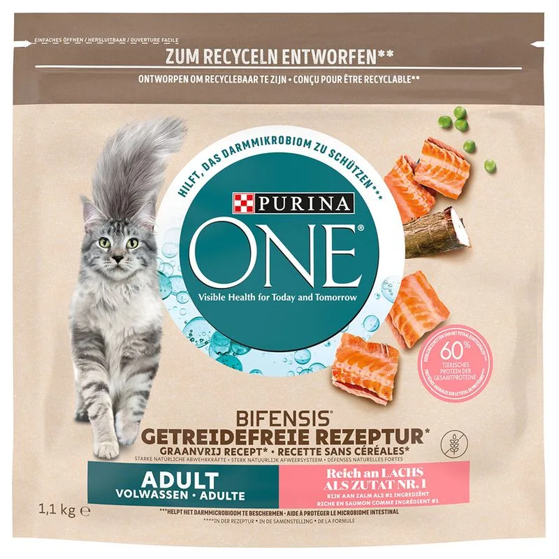 PURINA ONE Grain Free Adult Salmone Crocchette per gatto (Set %: 3 x 1,1 kg)