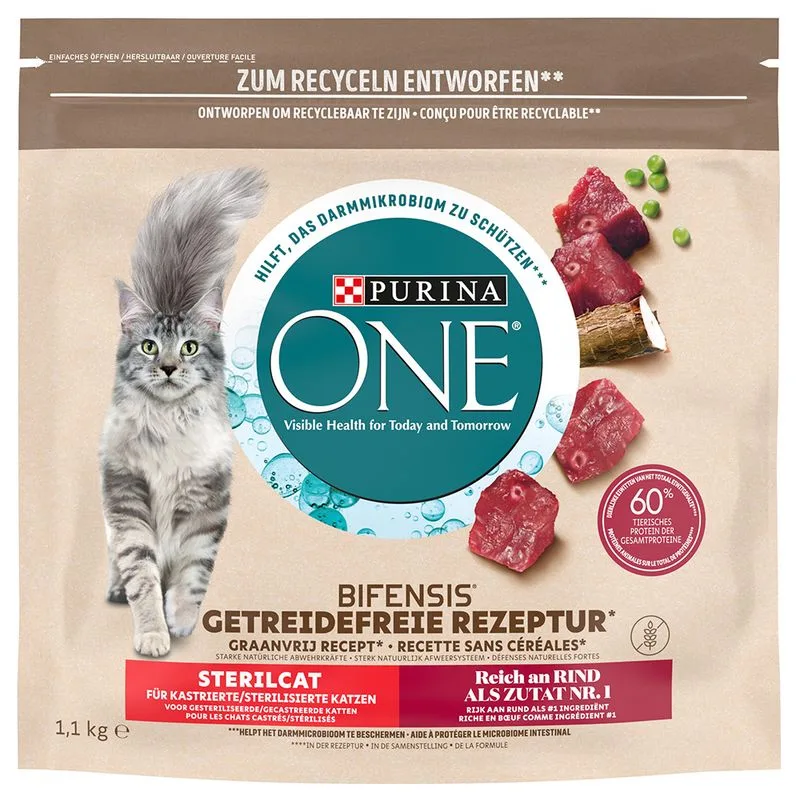 PURINA ONE Grain Free Sterilized Manzo Crocchette per gatto (Set %: 3 x 1,1 kg)