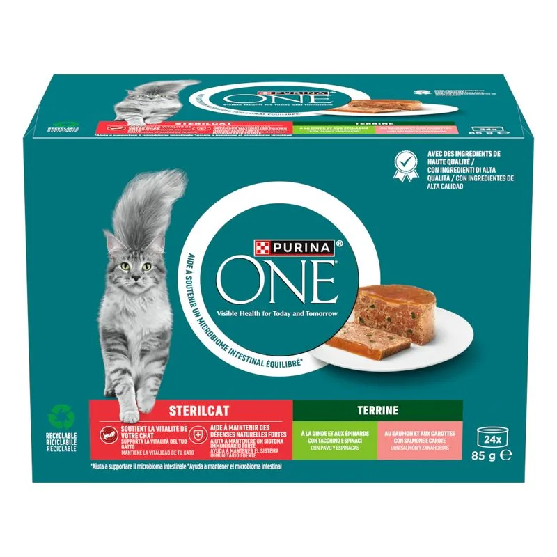 PURINA ONE SterilCat Terrina (Set %: 48 x 85 g Tacchino con spinaci, Salmone con carote)