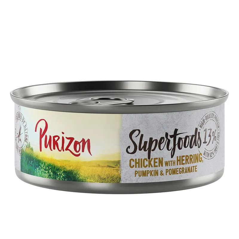 Confezione prova: Purizon Crocchette, Alimenti umidi e Snack per gatto (70 g umido: Superfoods Pollo con Aringa, Zucca e Melagrana)