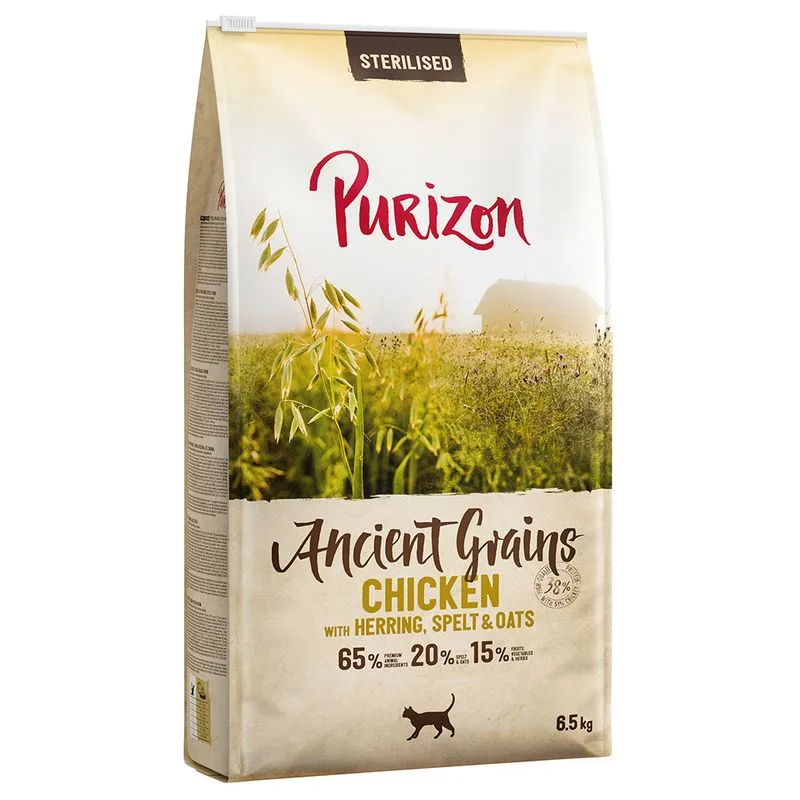 Multipack risparmio! 2 x 6,5 kg Purizon Adult con Grani antichi per gatto (Sterilised Pollo con Pesce)