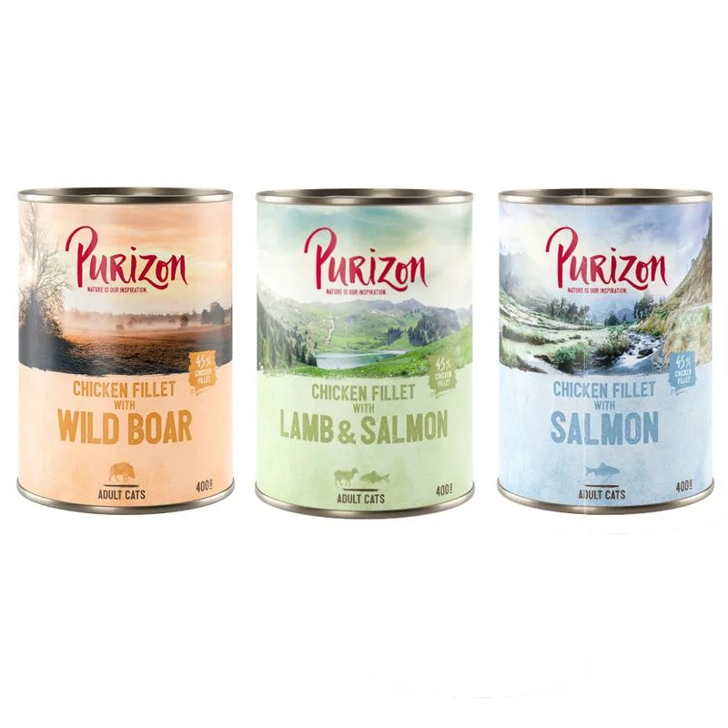 Purizon Adult 12 x 400 g - senza cereali (Mix: 4x Salmone + 4x Agnello + 4x Cinghiale)