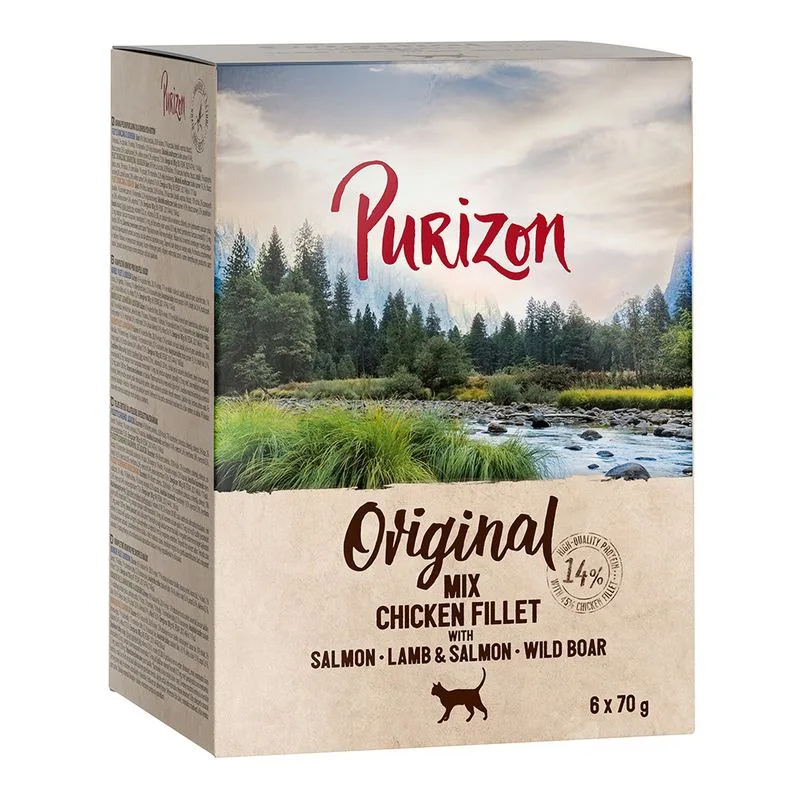 Purizon Adult 12 x 70 g - senza cereali (Mix: 4x Salmone + 4x Agnello + 4x Cinghiale)