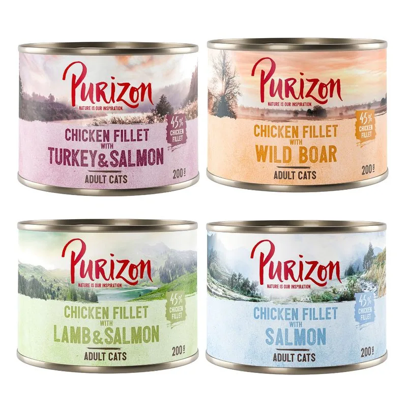 Purizon Adult 24 x 200 g - senza cereali (Mix: 12x Salmone, 4x Cinghiale, 4x Agnello & Salmone, 4x Salmone & Tacchino)