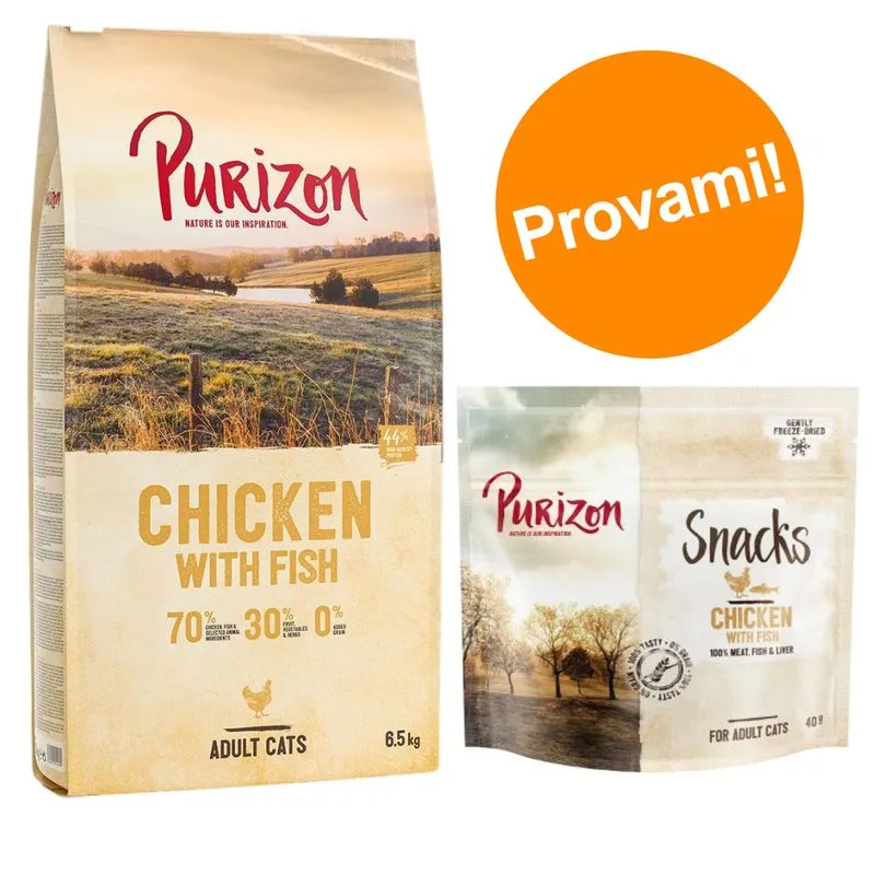 Set prova misto! Purizon 400 g crocchette + 40 g snack per gatti (Agnello & Pesce)