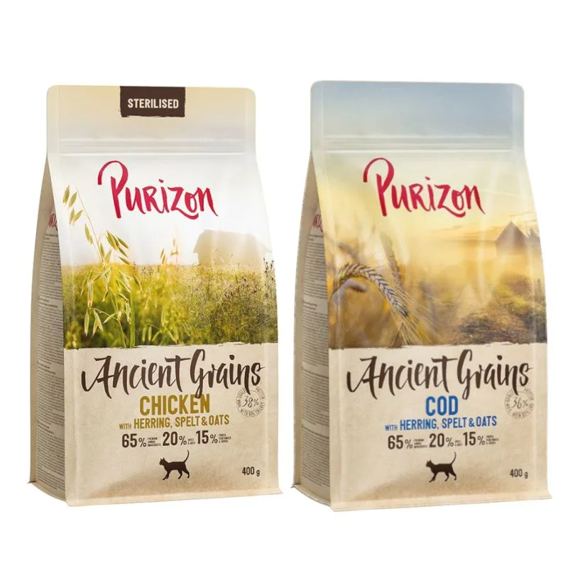 Set prova! Purizon Adult Crocchette per gatto (2 x 400 g: con Grani antichi, Merluzzo + Sterilised Pollo con Pesce)