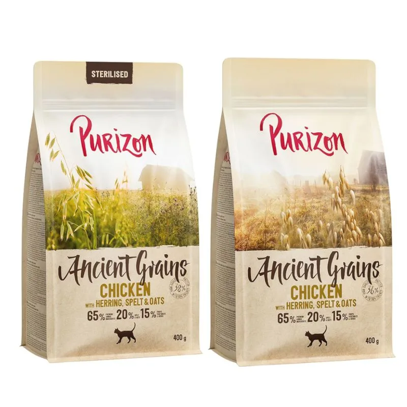 Set prova! Purizon Adult Crocchette per gatto (2 x 400 g: con Grani antichi, Pollo con Pesce + Sterilised Pollo con Pesce)