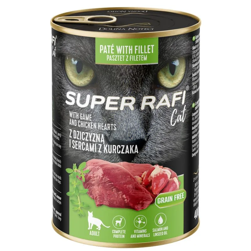 Rafi Cat Super 12 x 400 g (Selvaggina e cuori di pollo)