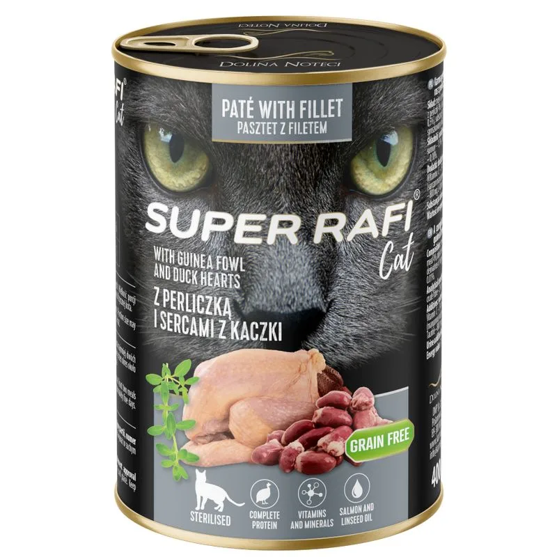 Super Rafi Sterilised Cat 12 x 400 g (Faraona e cuori di anatra)