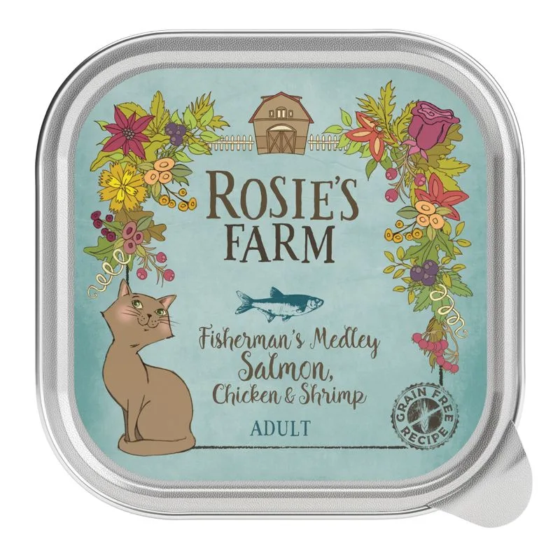 Rosie's Farm Adult 16 x 100 g umido per gatti (Salmone & Pollo con Gamberetti)