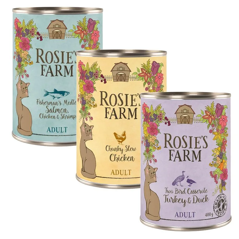 Rosie's Farm Adult 6 x 400 g umido per gatti (Mix: 2x Pollo, 2x Tacchino & Anatra, 2x Salmone & Pollo con gamberetti)