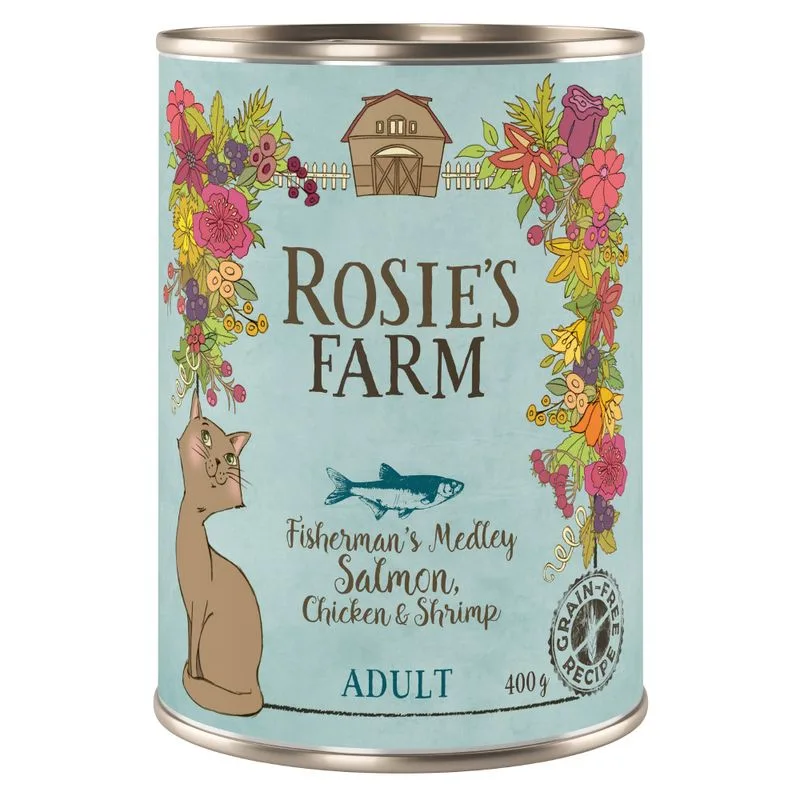Rosie's Farm Adult 6 x 400 g umido per gatti (Salmone & Pollo con Gamberetti)