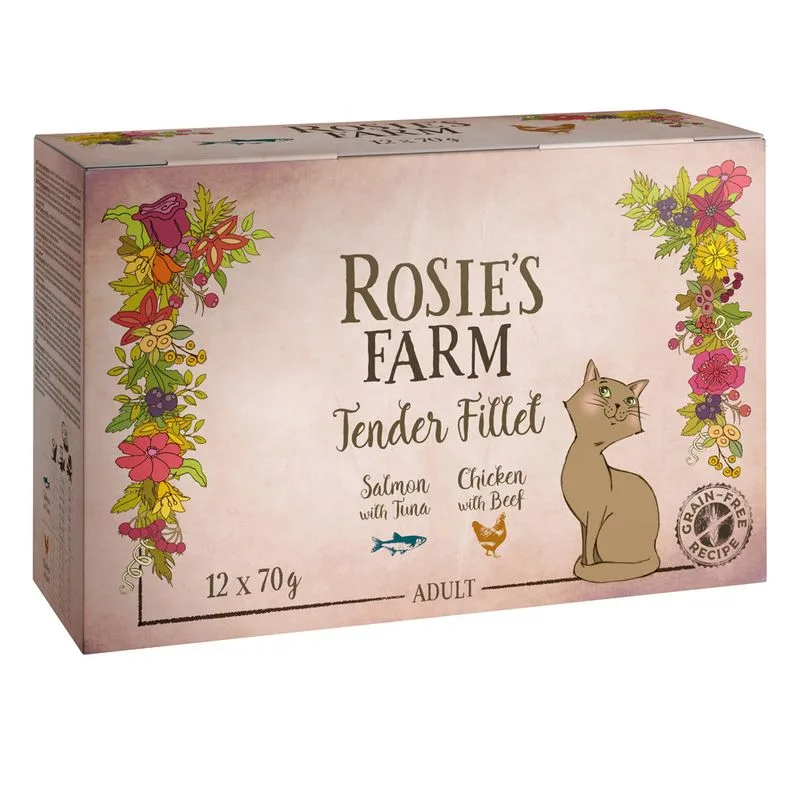 Rosie's Farm Tender Filet 12 x 70 g umido per gatti (Mix: 6x Salmone con Tonno, 6x Pollo con Manzo)