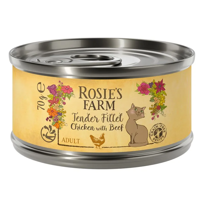 Rosie's Farm Tender Filet 12 x 70 g umido per gatti (Pollo con Manzo)