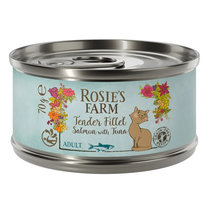 Rosie's Farm Tender Filet 12 x 70 g umido per gatti (Salmone con Tonno)