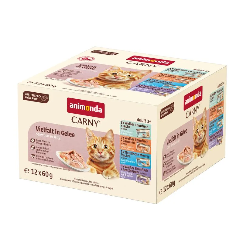 animonda Carny Adult Fine Fillets in Gelatina 24 x 60 g (Mix Tonno: con Salmone, con Gamberetti, con Frutti di mare, con Dentice)
