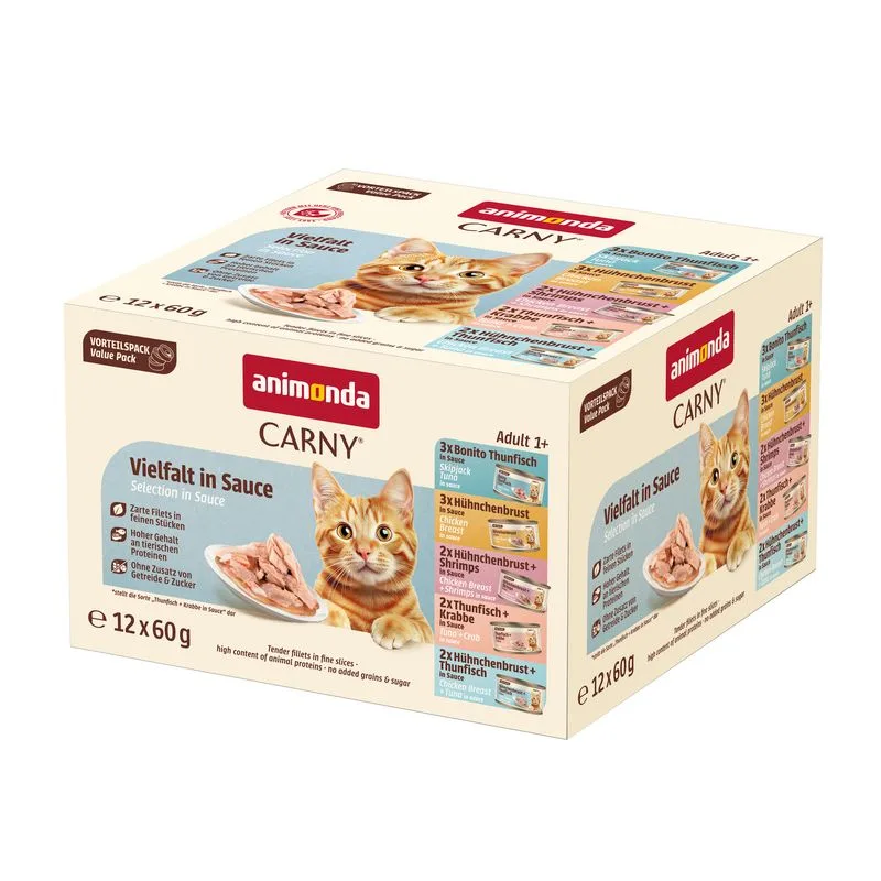 animonda Carny Adult Fine Fillets in Salsa 24 x 60 g (Mix: Tonno, Tonno & Granchio, Pollo, Pollo & Gamberetti, Pollo & Tonno)