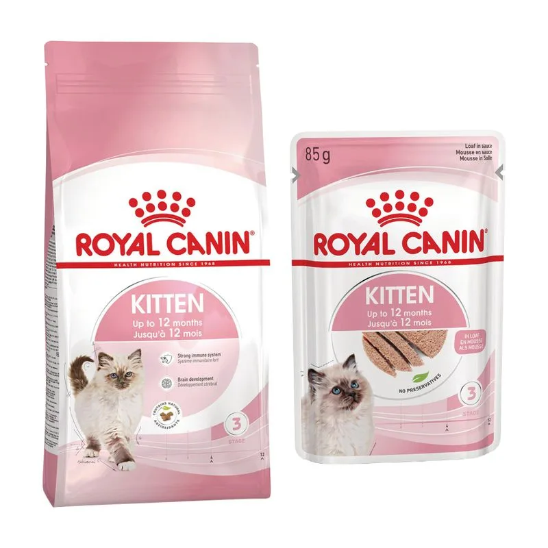 Set prova misto! Royal Canin Kitten secco + umido (400 g crocchette Kitten + 12 x 85 g umido Kitten Mousse)