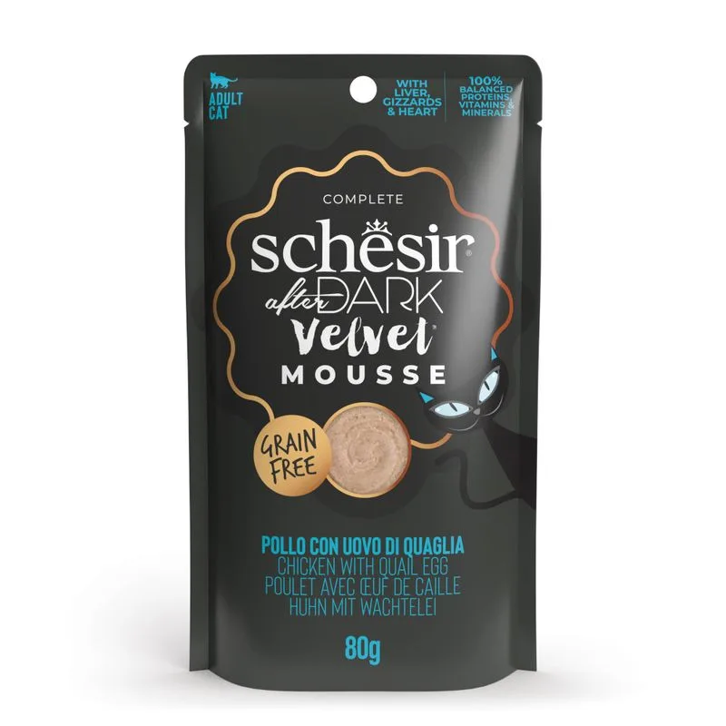 Schesir After Dark Velvet Mousse 12 x 80 g Umido per gatto (Pollo con uovo di quaglia)