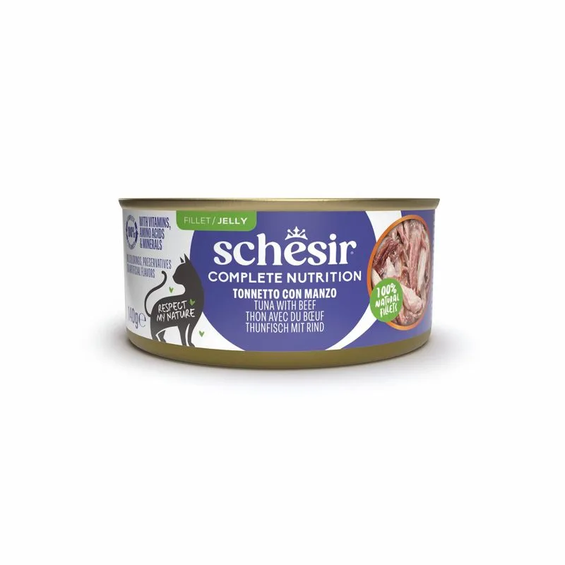 Schesir Complete Nutrition Filetti in gelatina 24 x 140 g in lattine (Tonnetto con manzo)