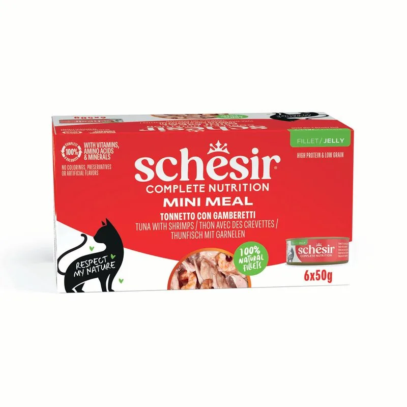 Schesir Complete Nutrition Filetti in gelatina 24 x 50 g in lattine (Tonnetto con gamberetti)