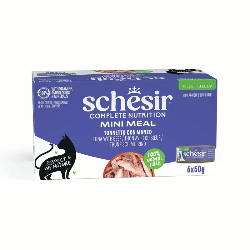 Schesir Complete Nutrition Filetti in gelatina 24 x 50 g in lattine (Tonnetto con manzo)