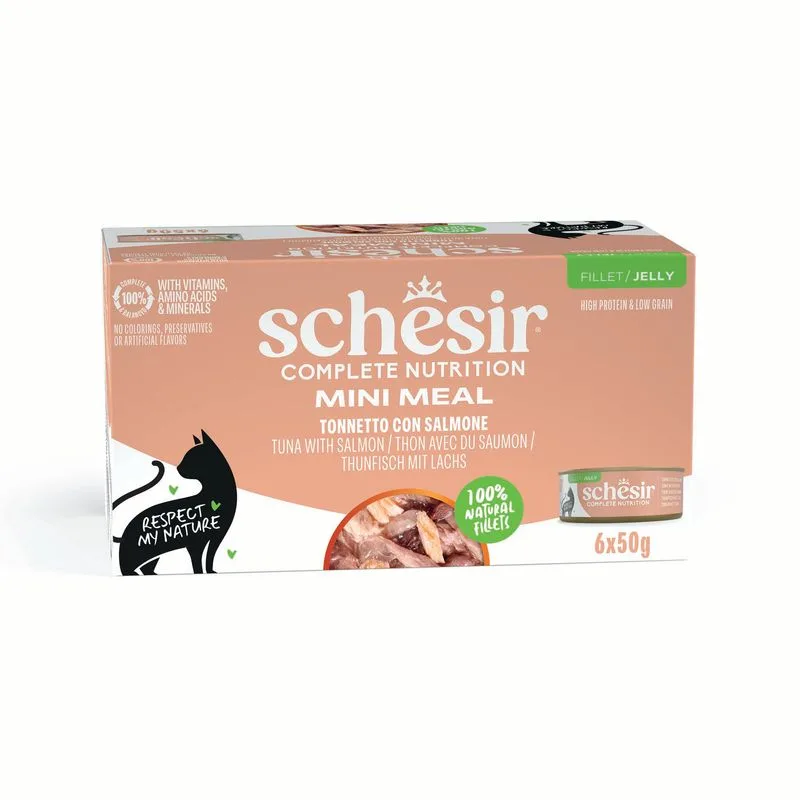 Schesir Complete Nutrition Filetti in gelatina 24 x 50 g in lattine (Tonnetto con salmone)