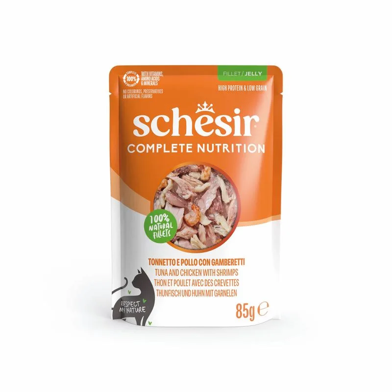 Schesir Complete Nutrition Filetti in gelatina 24 x 85 g in buste (Tonnetto e pollo con gamberetti)