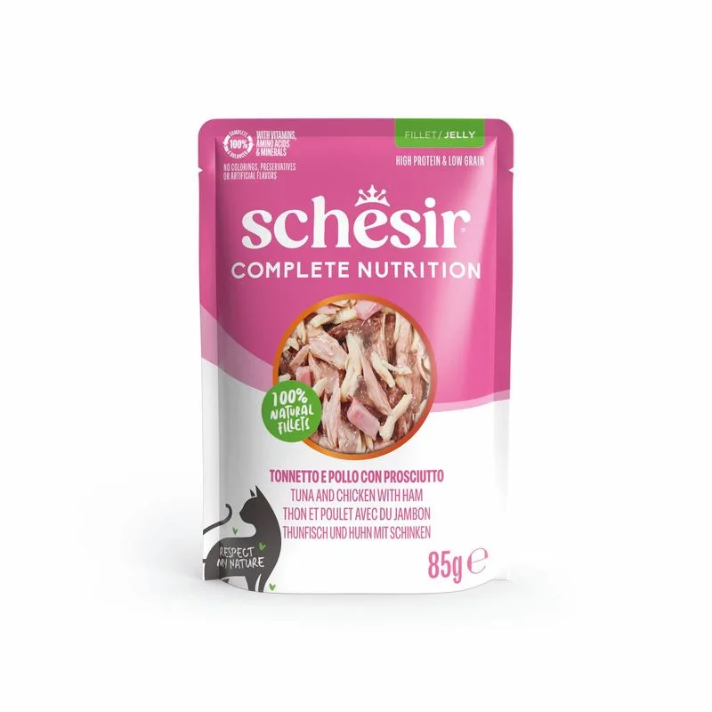 Schesir Complete Nutrition Filetti in gelatina 24 x 85 g in buste (Tonnetto e pollo con prosciutto)