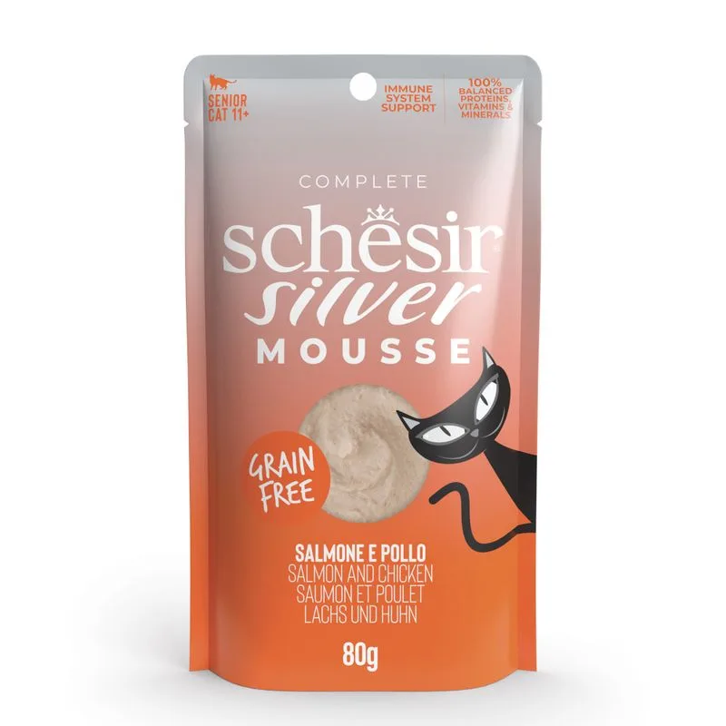 Schesir Silver Mousse 12 x 80 g Umido per gatto (Salmone e pollo)