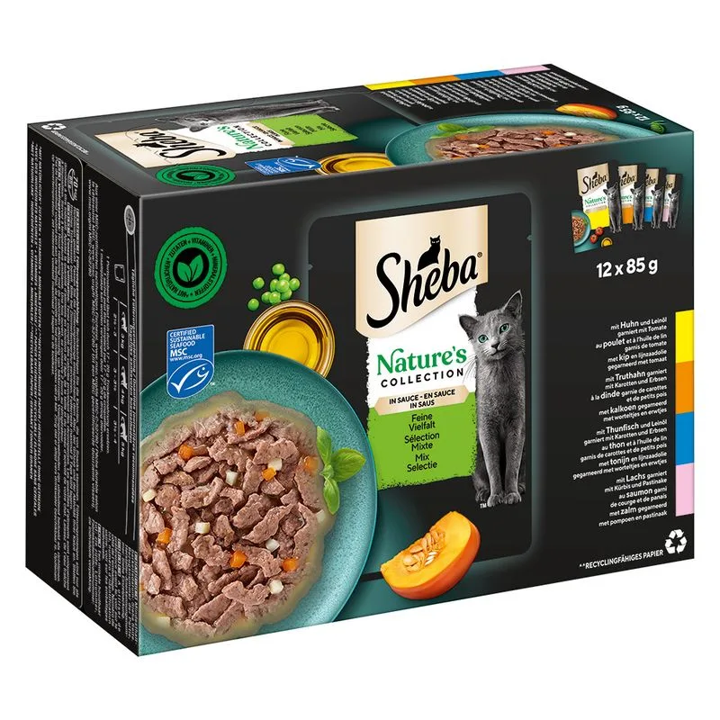 Megapack risparmio! Sheba Nature's Collection in Salsa 144 x 85 g (Varietà raffinata (Pollo, Tacchino, Tonno, Salmone))