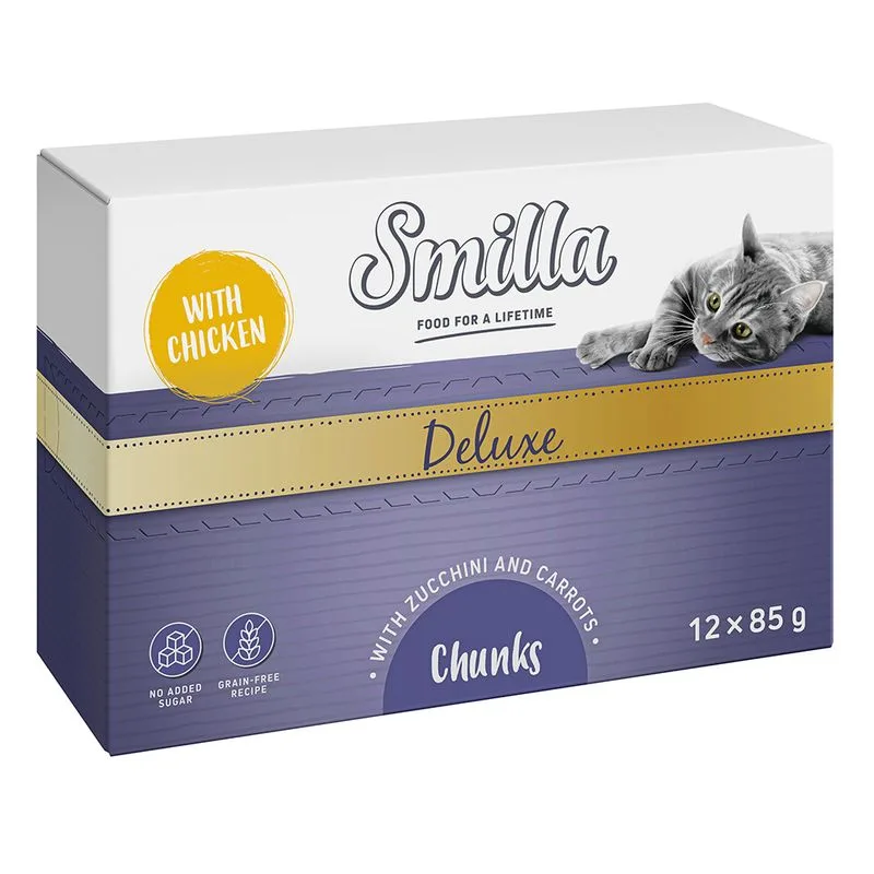 Smilla Deluxe Bocconcini 48 x 85 g umido per gatto (con Pollo, Zucchine & Carote)