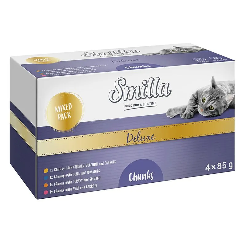 Smilla Deluxe Patè & Bocconcini 4 x 85 g Pacco misto umido per gatto (Bocconcini (4 varianti))