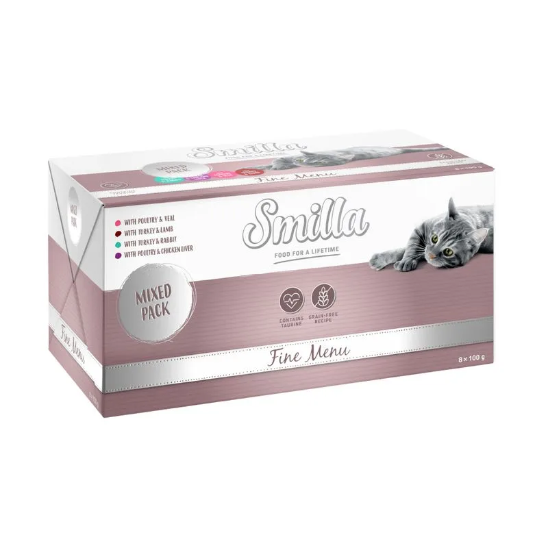 Smilla Fine Menù 48 x 100 g umido gatto (Mix: 12 x Pollame & Fegato di Pollo + 12 x Pollame & Vitello + 12 x Tacchino & Coniglio + 12 x Tacchino & Agnello)