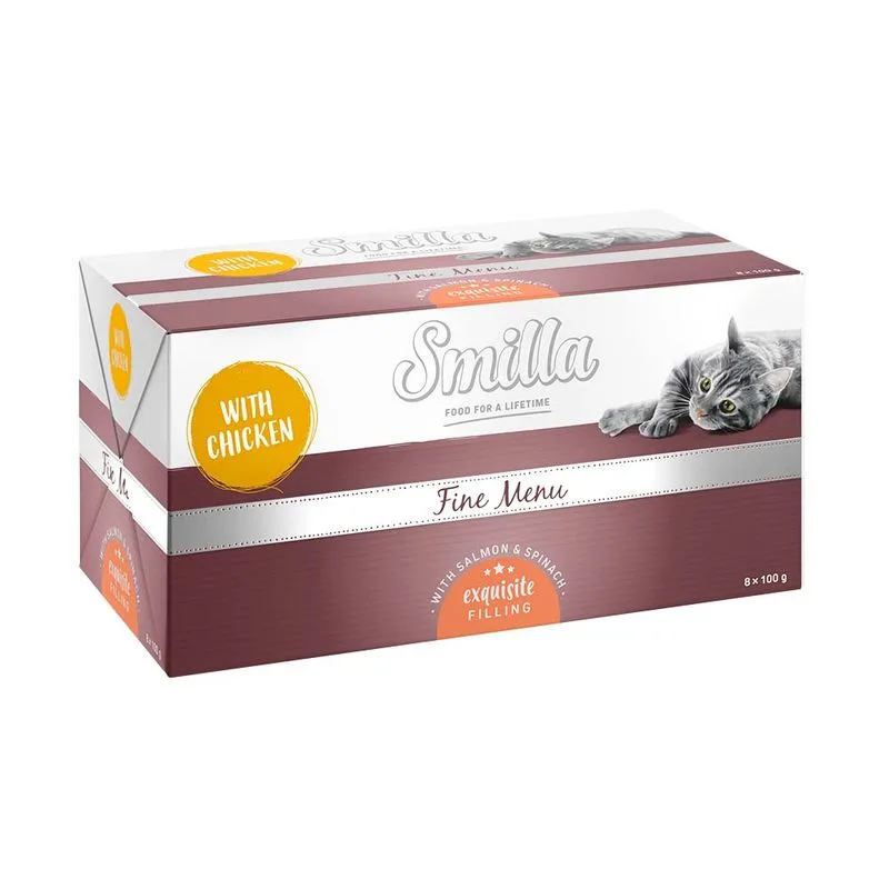 Smilla Fine Menù Delizioso ripieno 24 x 100 g umido gatto (Pollo con Salmone & Spinaci)