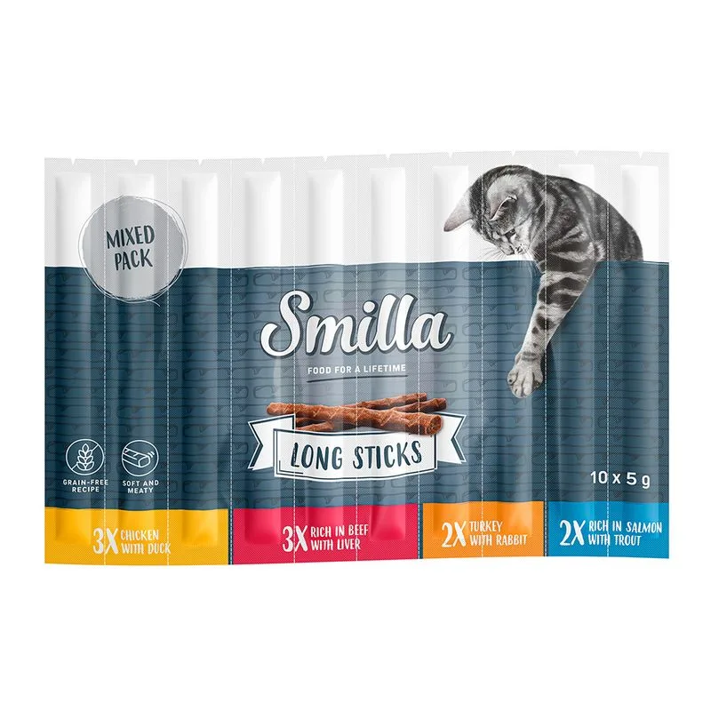Smilla Long Stick Pacco misto 10 x 5 g Snack per gatto (Mix 1: (Pollo & Anatra, Tacchino & Lepre, Salmone & Trota, Manzo & Fegato))
