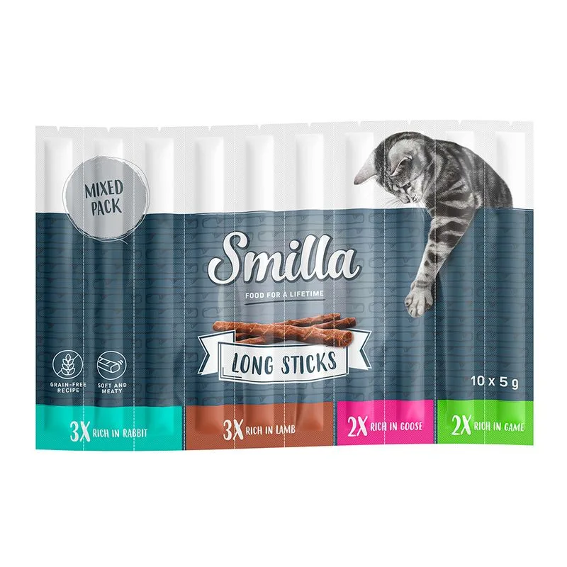 Smilla Long Stick Pacco misto 10 x 5 g Snack per gatto (Mix 2: (Coniglio, Oca, Agnello e Selvaggina))