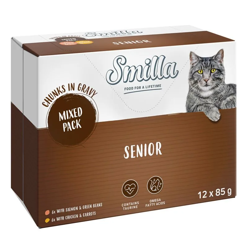 Smilla Senior Bocconcini in Salsa con Verdure in Busta umido gatto (Set %: 24 x 85 g Mix 12xPollo e Carote + 12x Salmone e Fagiolini)