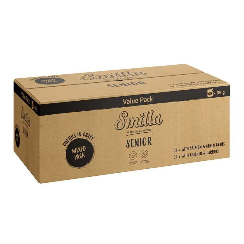Smilla Senior Bocconcini in Salsa con Verdure in Busta umido gatto (Set %: 96 x 85 g Megapack 48x Pollo e Carote + 48x Salmone e Fagiolini)